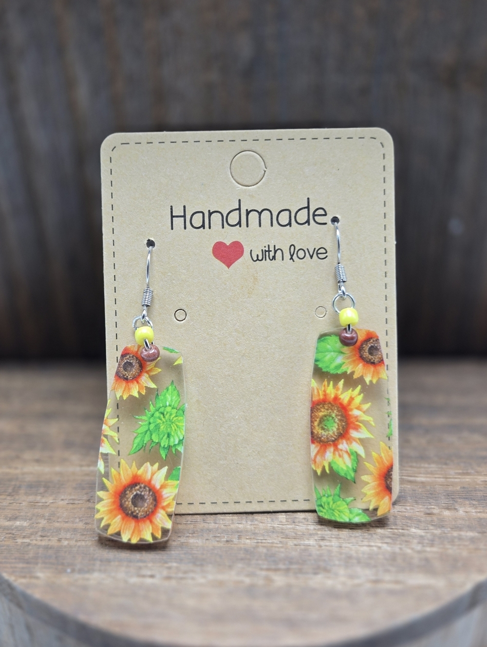 NWT Sunflower Rectangle Earrings Pierced Acrylic Glass Beads Dangle Drop Light